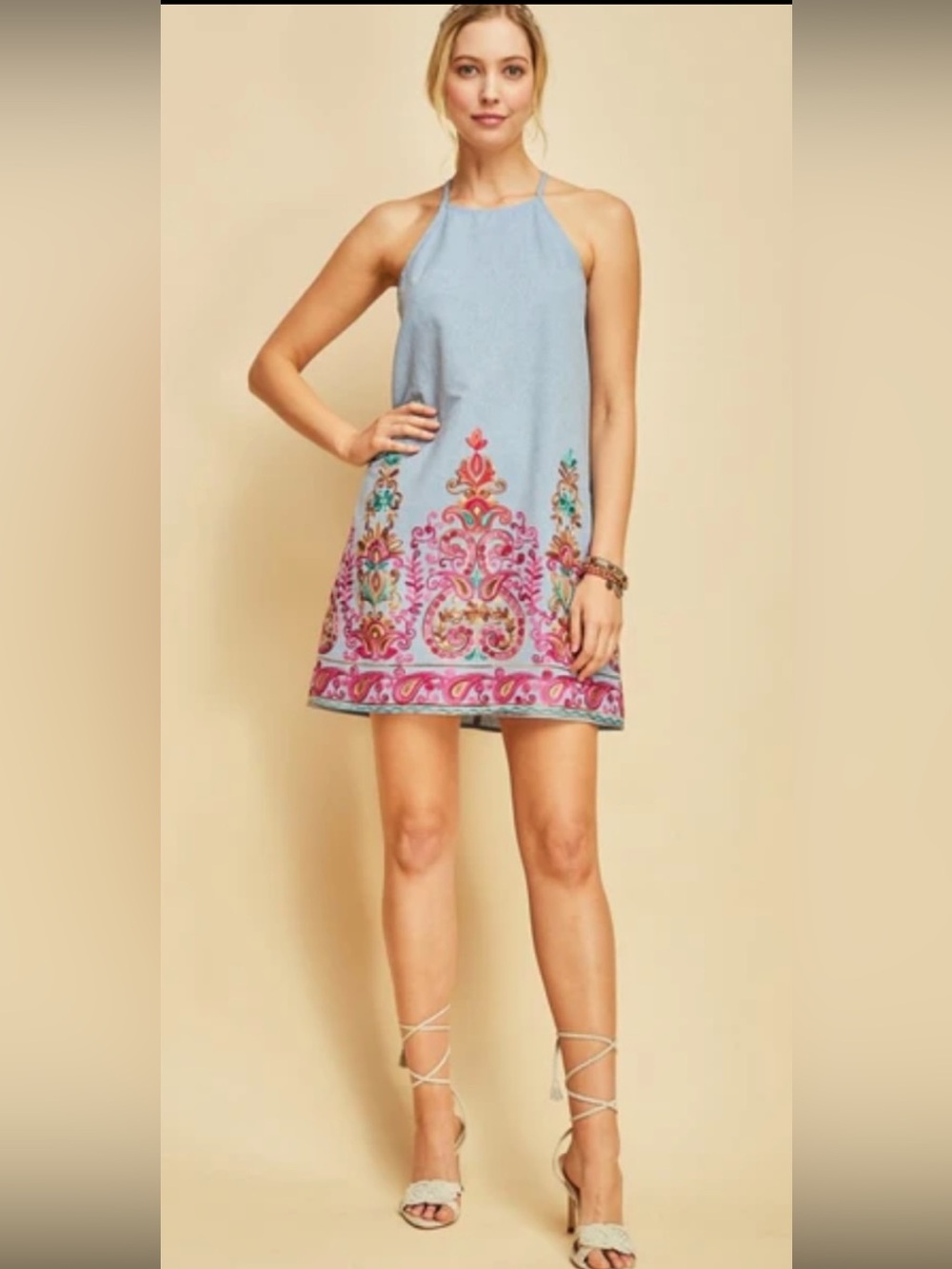Entro Embroidered Chambray Mini Dress Size Medium Boho Paisley Resort
